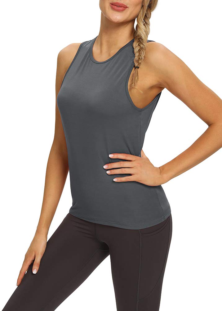 Mippo Open Back Workout Tops Yoga Athletic Shirts Tennis Muscle Tank Workout Tank Tops for Women Loose Fit Dark Gray M - Image 5